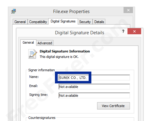 Screenshot of the SUNIX CO., LTD. certificate